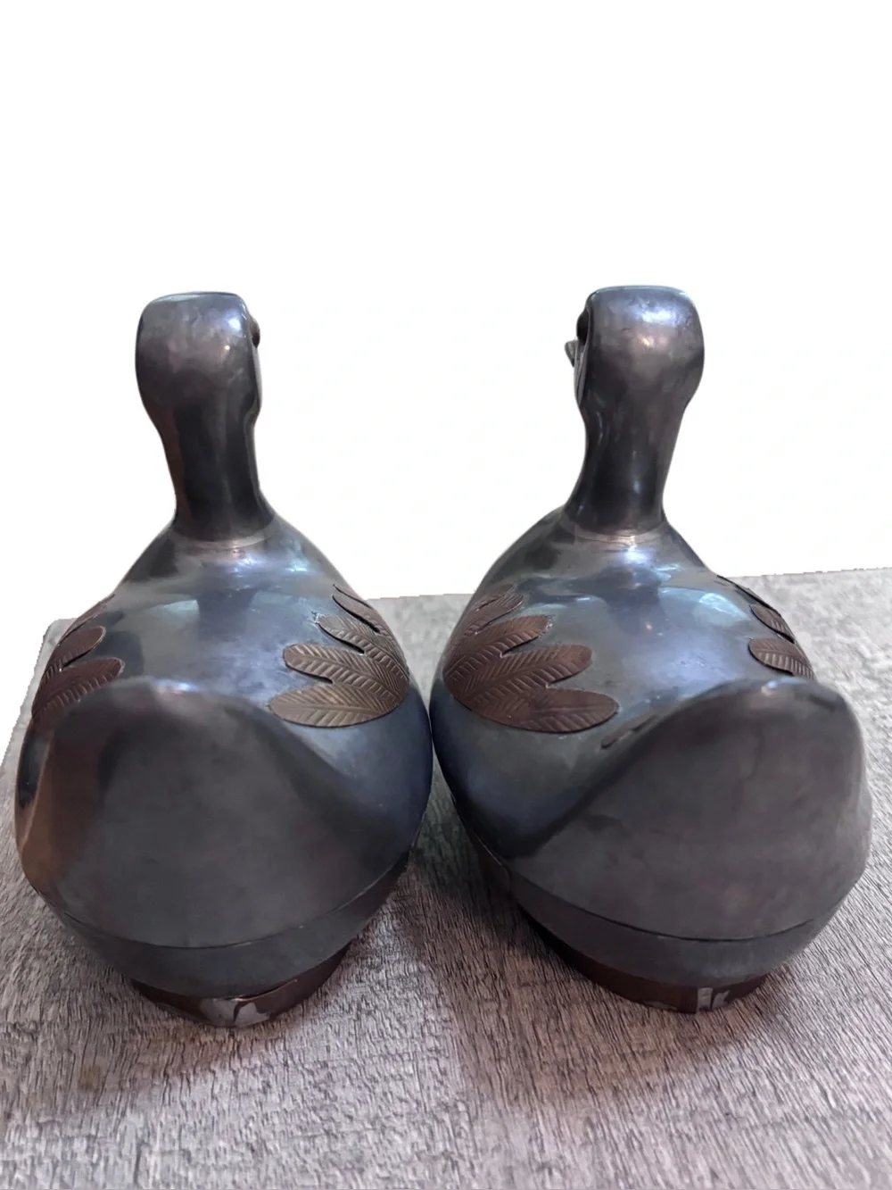 Two Vintage 5” Pewter w/ Brass Ducks w/Lids Trinket Box Heavy - Mid Century